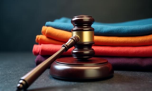 Primer plano de telas de alta calidad y mazo de juez, simbolizando justicia en el sector textil